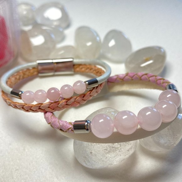 Natural Rose Quartz Beaded Bolo Braided Leather Mother and Daughter Bracelet - Picture 4 of 10